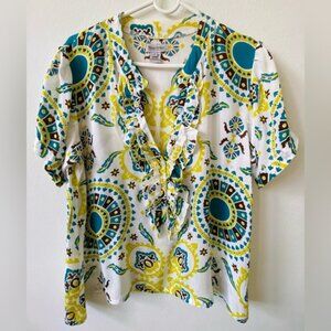 EUC Valija Gitana Vintage White Teal Yellow Ruffled V-Neck Blouse M